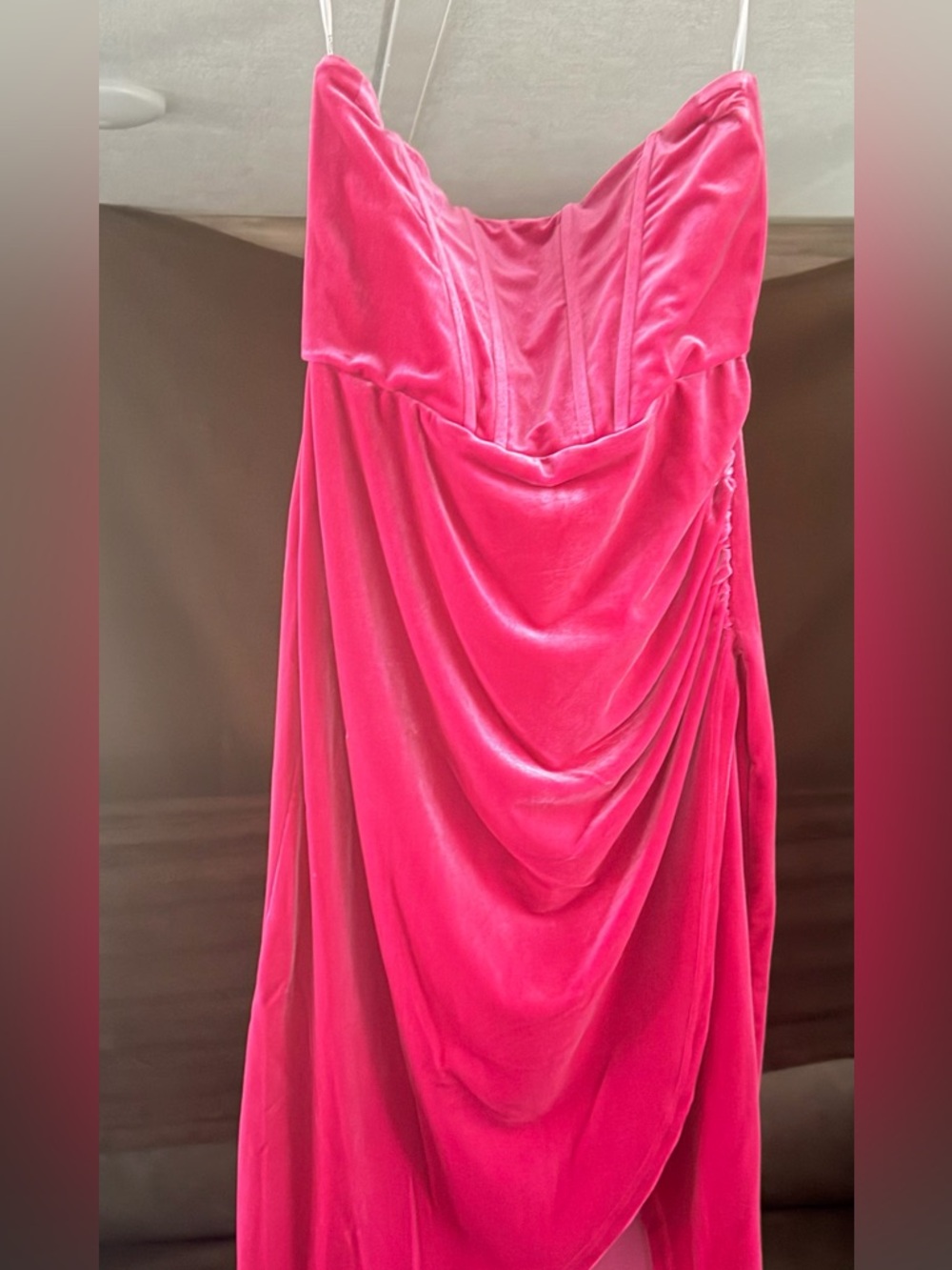 Lulu's Hot Pink Velvet Draped Strapless Dress